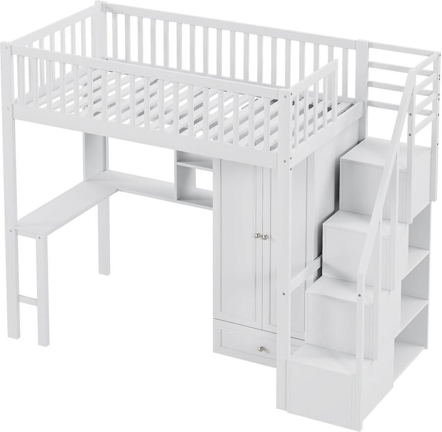Merax Hoogslaper 90 x 200 cm – Met Grote Kledingkast Bureau Opbergrek en Trap met Lades – Multifunctioneel Houten Bed – Wit