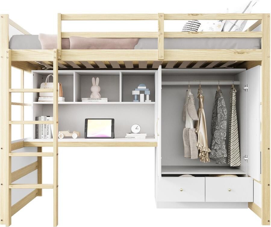 Merax Hoogslaper 90 x 200 cm met opbergruimte bureau kast en laden eenpersoonsbed houtkleur zonder matras