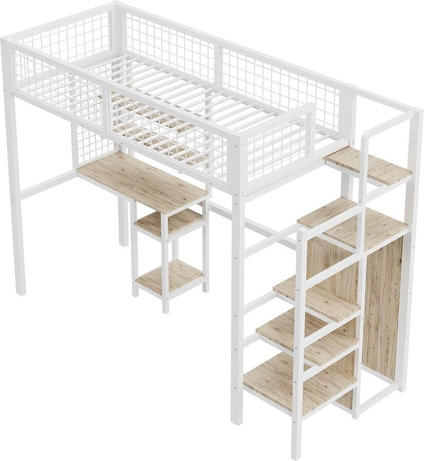 Merax Hoogslaper 90 x 200 cm met Veiligheidsladder Kinderbed met Metalen Frame Kledingkast en Bureau Wit