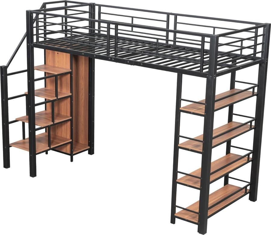 Merax Hoogslaper 90 x 200 cm met Veiligheidstrap Opbergruimte en Kleine Kledingkast Ingebouwde Planken Hoog Omheind Design Eenpersoonsbed Jongerenbed Zwart