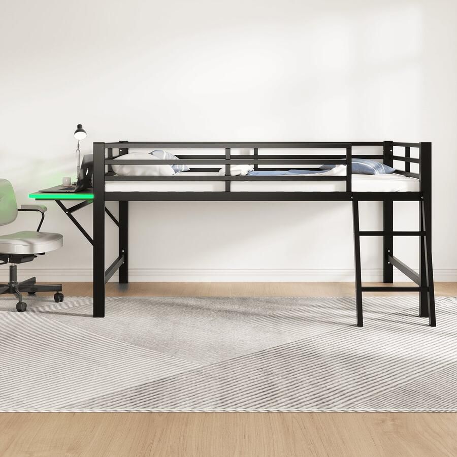 Merax Hoogslaper 90 x 200 cm metalen bed zonder matras leuning ladder bureau met LED-verlichting zwart