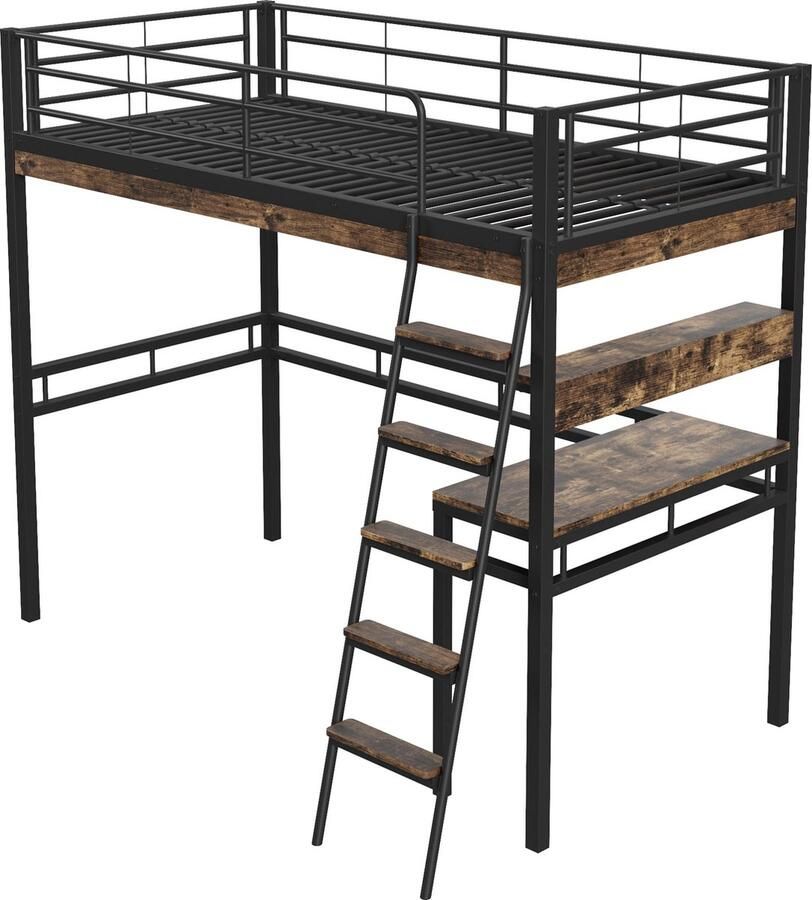 Merax Hoogslaper 90 x 200 cm Zonder Matras Bed met Bureau Planken Reling Ladder IJzeren Frame Zwart