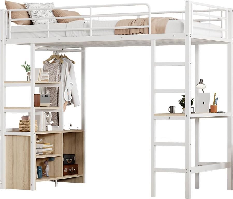 Merax Hoogslaper 90 x 200 cm Zonder Matras Bed met Bureau Stopcontact en USB Meerdere Planken Open Opbergkast Leuning Ladder Metaal Frame Wit