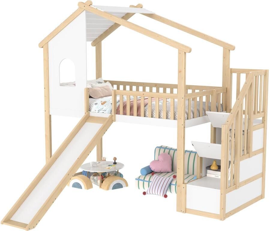 Merax Hoogslaper 90×200 cm – Kinderbed met Glijbaan – Houten Huisbed met Opbergruimte en Veiligheidshekje – Naturel Wit – Zonder Matras