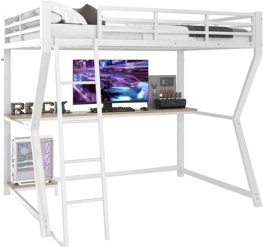 Merax Hoogslaper 90x200 cm – Bed Met Bureau En Opbergruimte – LED Verlichting – USB En Stopcontact – Trap En Veiligheidshek – Wit – Zonder Matras