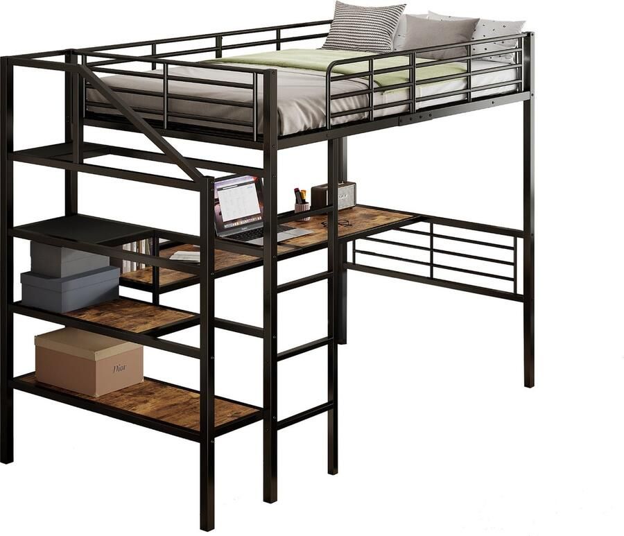 Merax Hoogslaper 90x200 cm – Bed met Bureau en Planken voor Opbergruimte – Zwart Metalen Frame