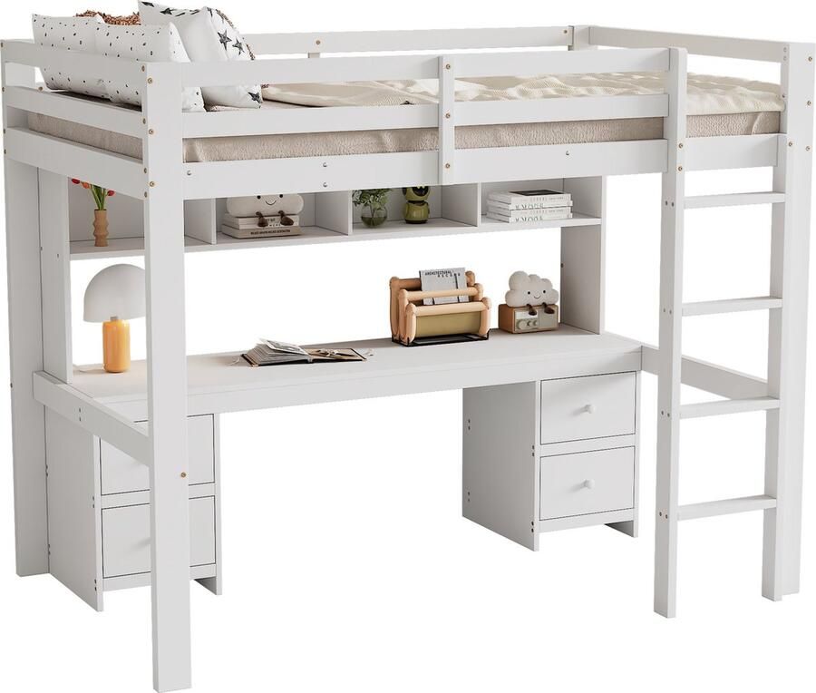 Merax Hoogslaper 90x200 cm – Bed met Bureau Grote Opbergruimte Houten Frame Stabiele Trap Wit