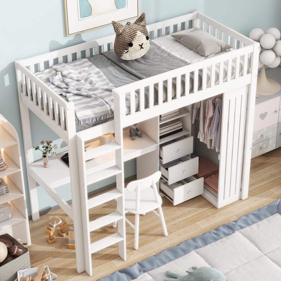 Merax Hoogslaper 90x200 cm bureau kledingkast 3 lades open opbergruimte zonder matras wit