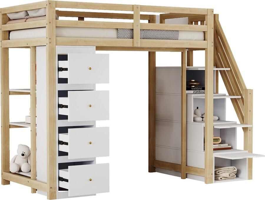 Merax Hoogslaper 90x200 cm Eenpersoonsbed Inclusief Opberglades Boekenplanken en Veiligheidstrap Massief Hout Natuurlijke Houtkleur Bruin met Wit