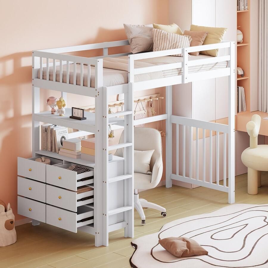 Merax Hoogslaper 90x200 cm eenpersoonsbed met lade en boekenplank hoog omheind ontwerp wit zonder matras