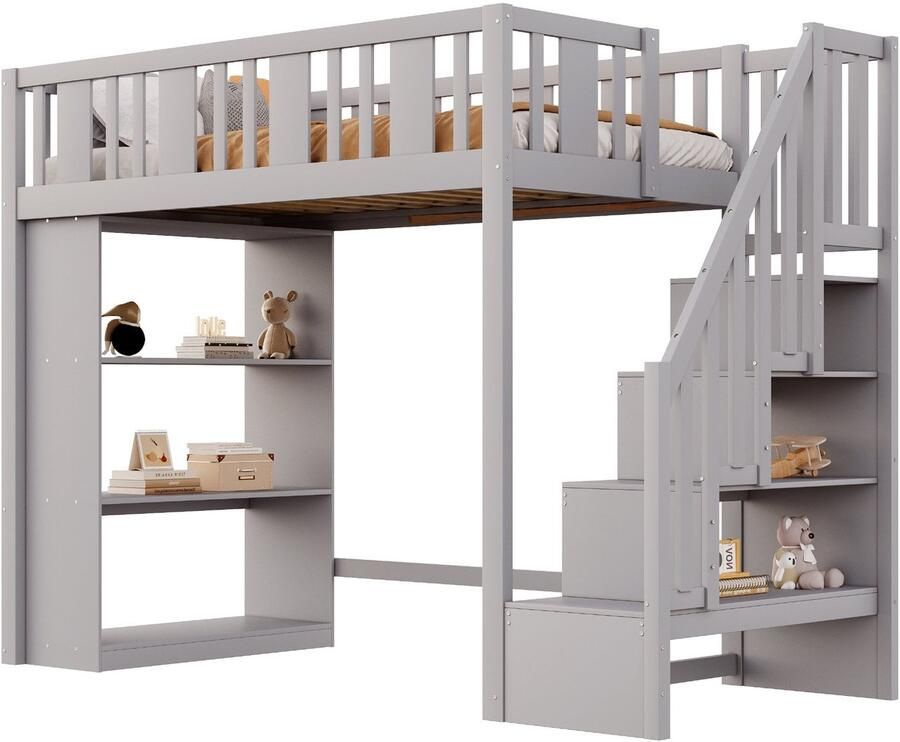 Merax Kinderhoogslaper 90x200 cm – Houten Bed met Veilige Trap en Grote Opbergruimte – Grijs – Inclusief Houten Lattenbodem