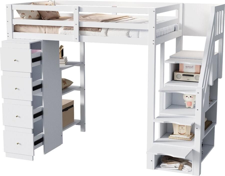 Merax Hoogslaper 90x200 cm Inclusief Opberglades Boekenplanken en Veiligheidstrap Massief Hout Wit