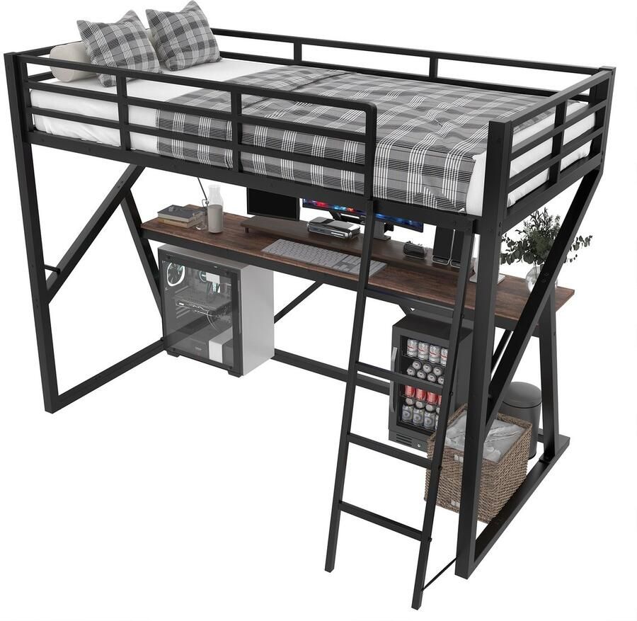 Merax Hoogslaper 90x200 cm – Kinderbed met Bureau LED-verlichting Trap en Veiligheidshek – Stevig Metalen Bedframe – Zwart – Zonder Matras