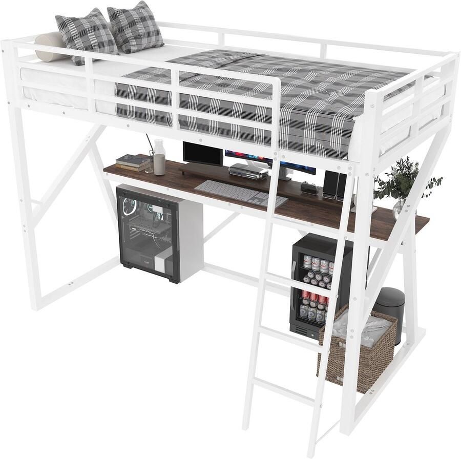 Merax Hoogslaper 90x200 cm – Kinderbed met Bureau Metalen Bedframe LED-verlichting Trap en Veiligheidsrail Wit Zonder Matras