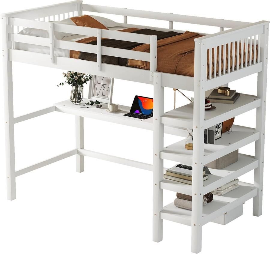 Merax Hoogslaper 90 x 200 cm Kinderhoogslaper met Opbergvakken en Onderbed Bureau Zonder Matras Wit