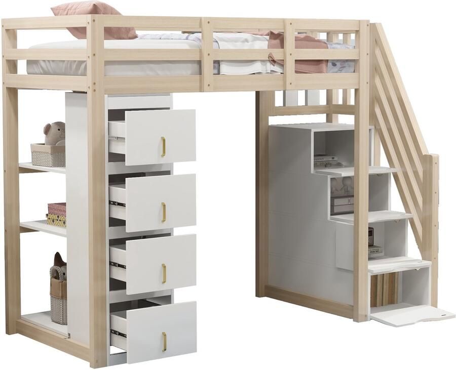 Merax Hoogslaper 90x200 cm Massief Houten Bed Trap met Lade 4 Opbergladen Boekenkast Kinderbed Natuurlijk Hout