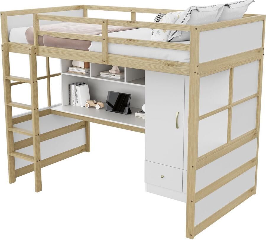 Merax Hoogslaper 90x200 cm Massief Houten Jeugdbed Kinderbed met Bureau Kast en Laden Naturel Hout Bruin met Wit
