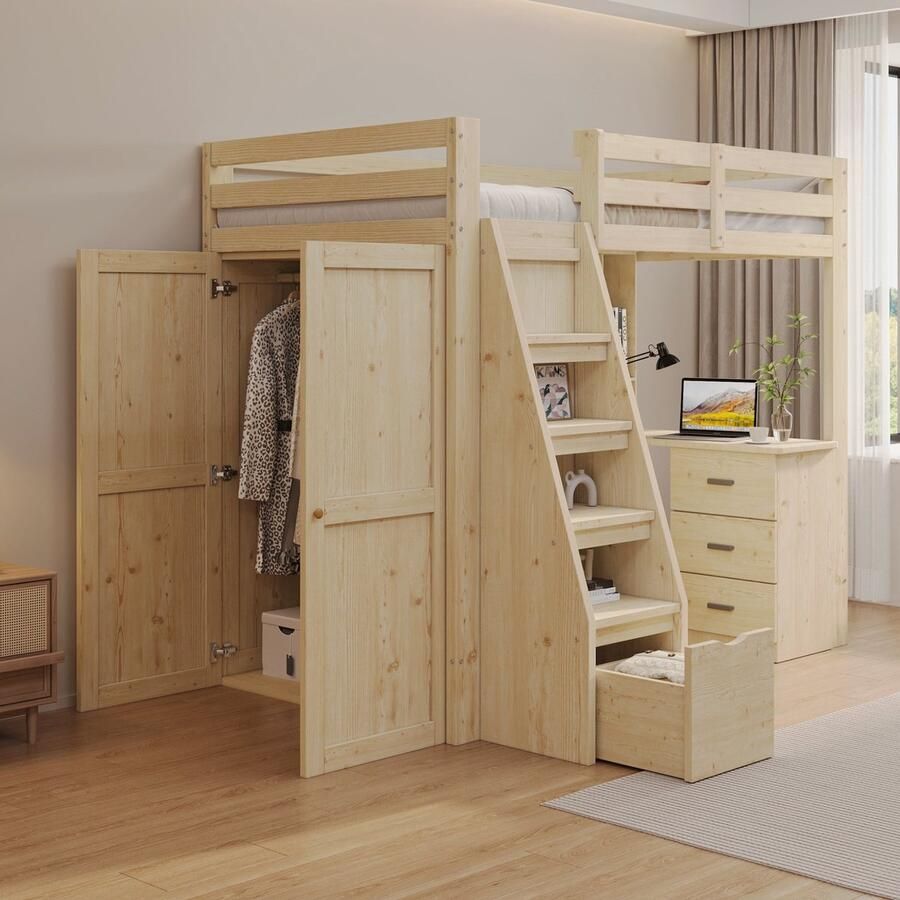 Merax [ niet compleet] Hochbett 90*200cm Mit Stauraum-Sicherheits-Kletterleiter Mit Stauraum-Kleiderschrank Einzelbett Jugendbett Kinderbett Massivholzrahmen Original Holzfarbe