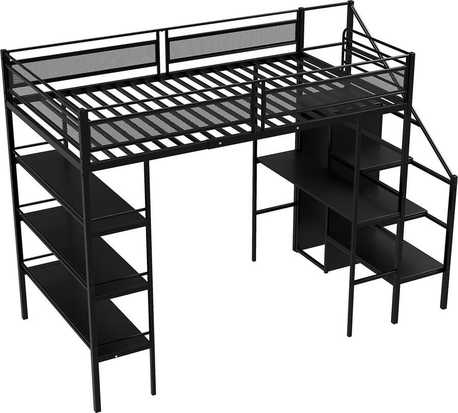 Merax Hoogslaper 90x200 cm met 3-laags Opbergrek Bureau en Kledingkast – Veiligheidsladder met Opbergvak Zwart Metalen Bedframe Kinderbed Eenpersoonsbed