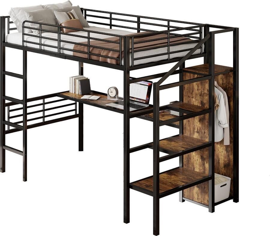 Merax Hoogslaper 90x200 cm met Bureau Bed met Open Kledingkast en Opbergvakken Zwart Staal en MDF