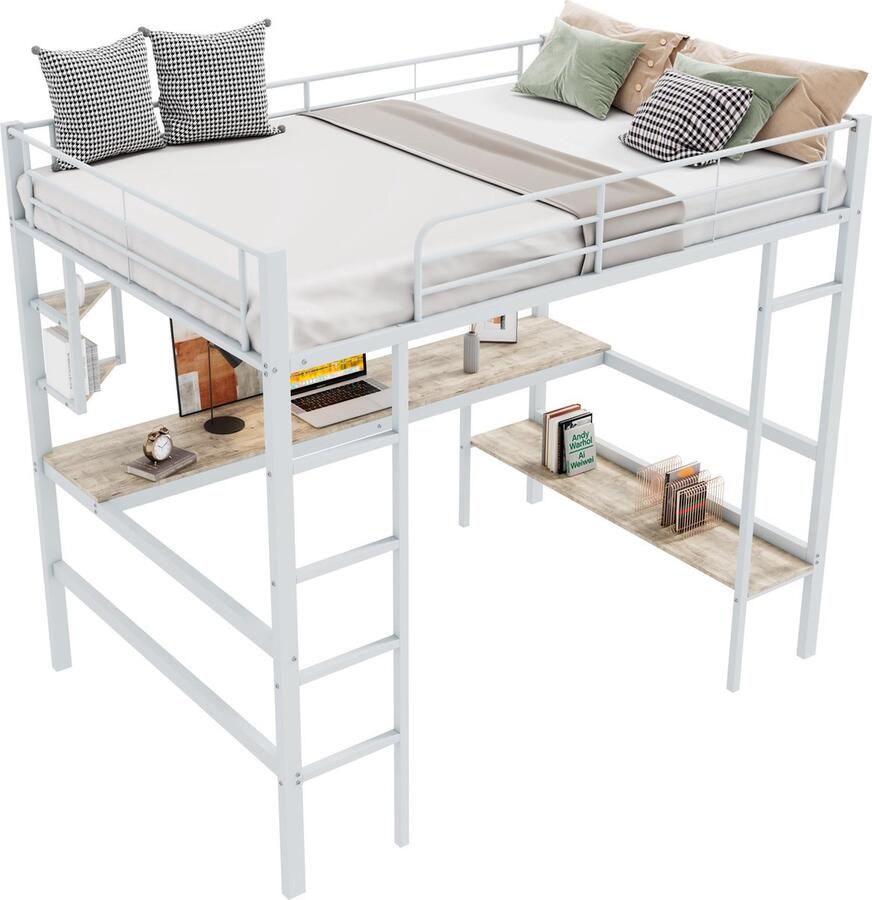 Merax hoogslaper 90x200 cm Inclusief bureau boekenplank en veiligheidshek Wit metalen frame