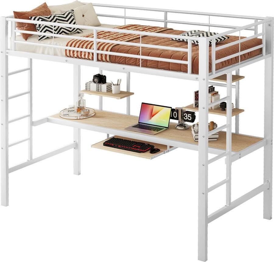 Merax Hoogslaper 90x200 cm met Bureau en Boekenplanken Metalen Bedframe Wit