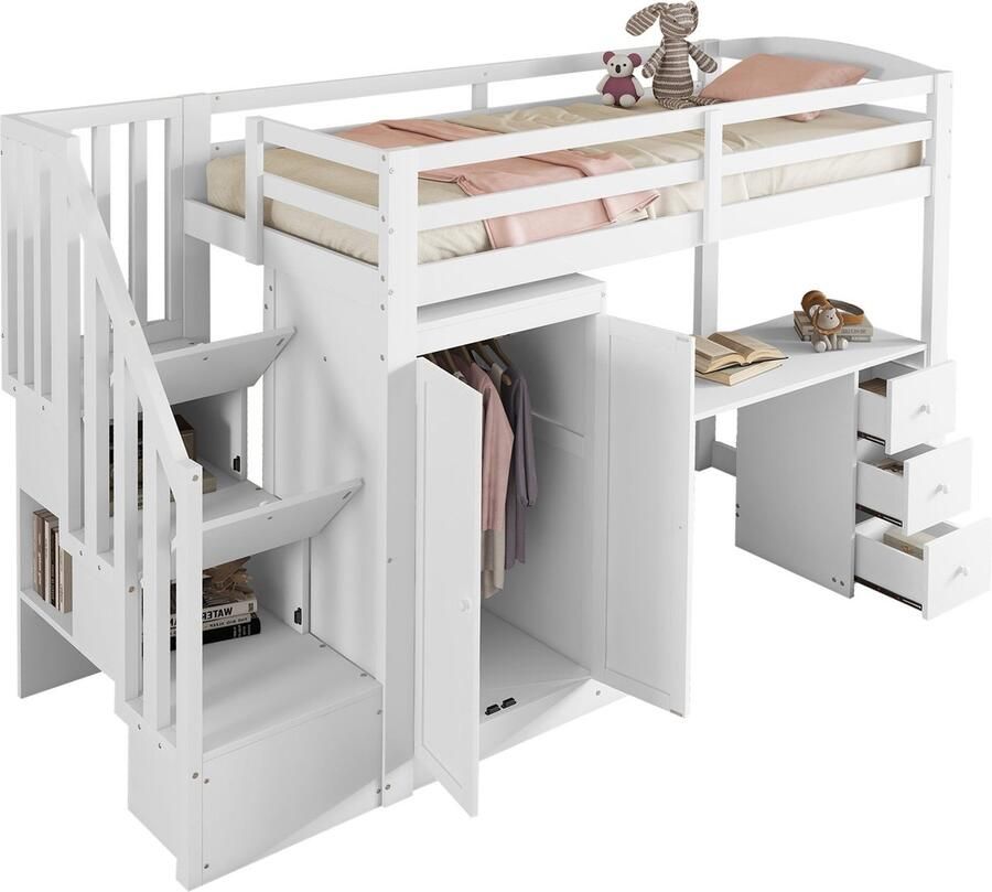 Merax Hoogslaper 90x200 cm met Bureau en Kledingkast Eenpersoonsbed met Opbergruimte en Lades – Wit