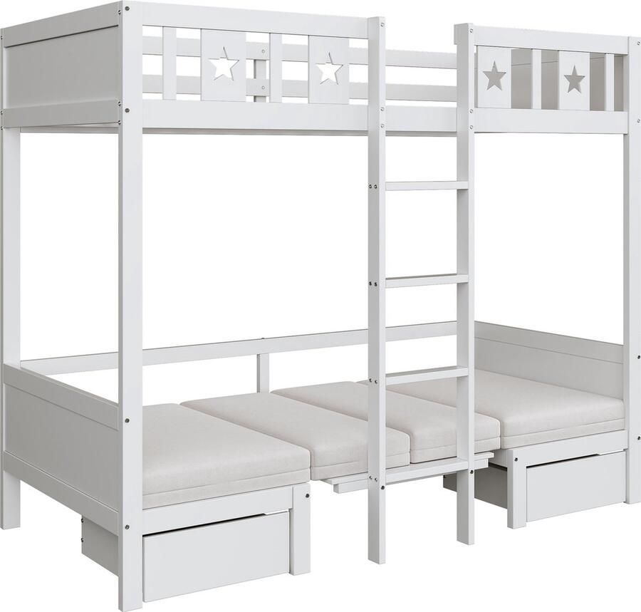 Merax [ niet compleet] Etagenbett 200*90 cm Bett Schreibtisch 2 in 1 selbst gepolstert mit zwei großen Schubladen Bettgestell mit Leiter Holzbett Kinderbett weiß - Foto 2