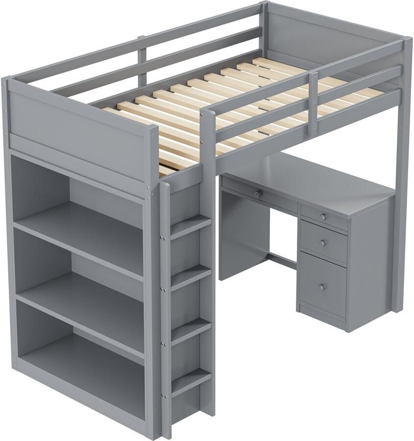 Merax Stapelbed 90x200 cm – Hoogslaper met Bureau & Opbergruimte – Hout – Grijs – Multifunctioneel Kinderbed