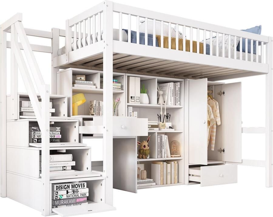 Merax Hoogslaper 90x200 cm met Bureau en Opbergruimte Kinderbed met Kledingkast en Lade Eenpersoonsbed Massief Hout Wit