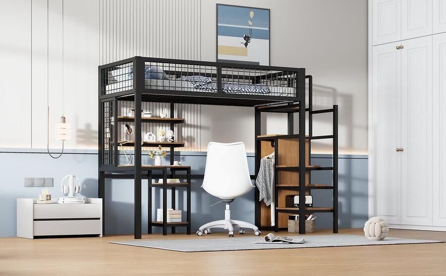 Merax Hoogslaper 90x200 cm met Bureau en Opbergruimte Metalen Eenpersoonsbed met Ladder Kinderbed met Kast Zwart