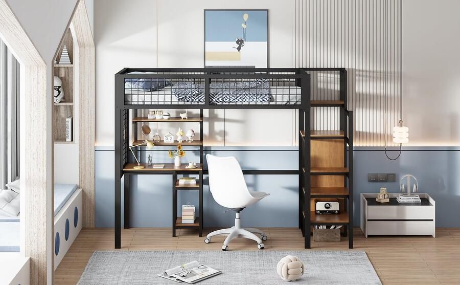Merax Hoogslaper 90x200 cm met Bureau en Opbergruimte Metalen Eenpersoonsbed met Ladder Kinderbed met Kast Zwart - Foto 2