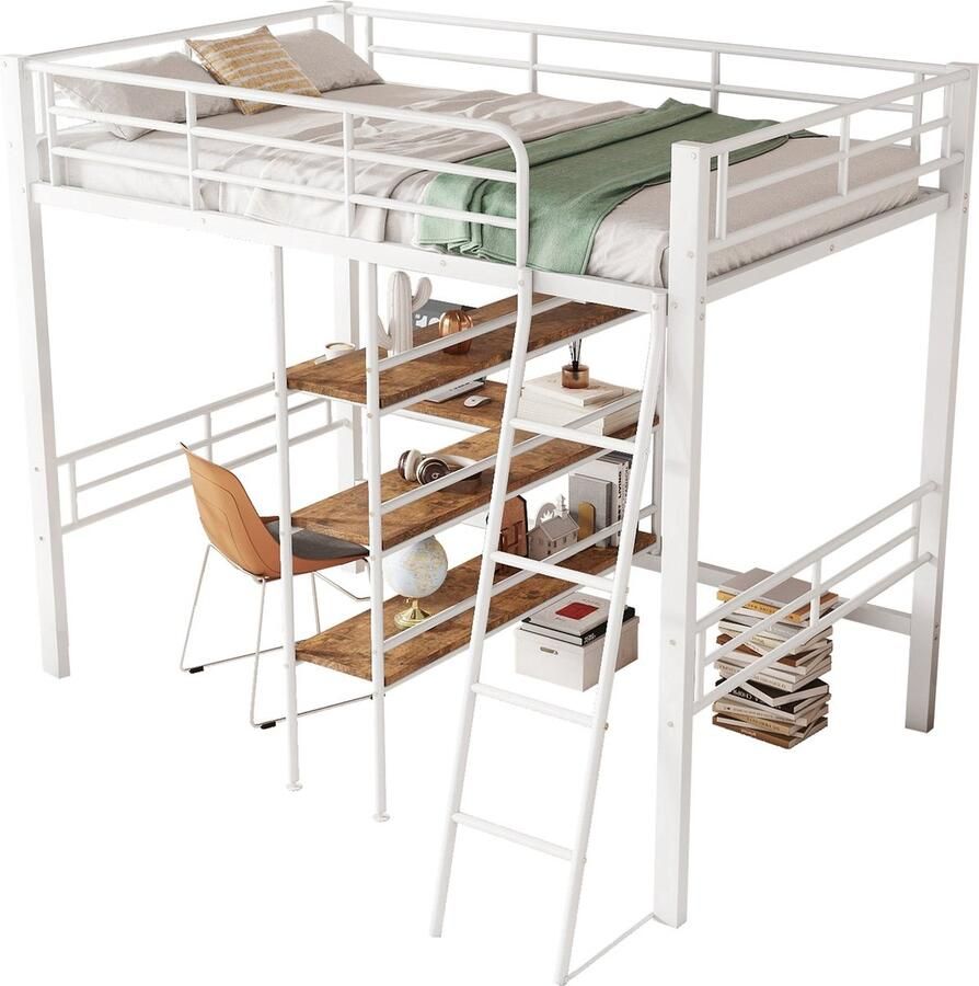 Merax Hoogslaper 90x200 cm met Bureau en Uitvalbeveiliging Metalen Eenpersoonsbed met Meerdere Planken voor Opbergruimte Wit