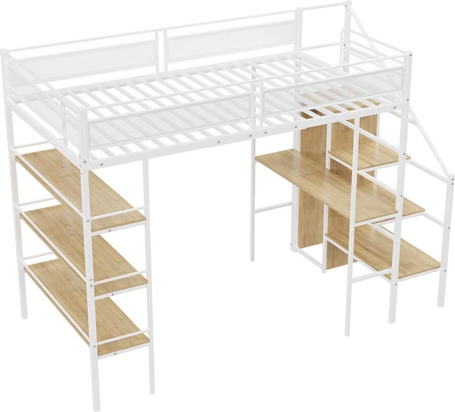 Merax Hoogslaper 90x200 cm met Bureau Kast 3 Opbergrekken en Veilige Trap Metalen Frame Wit