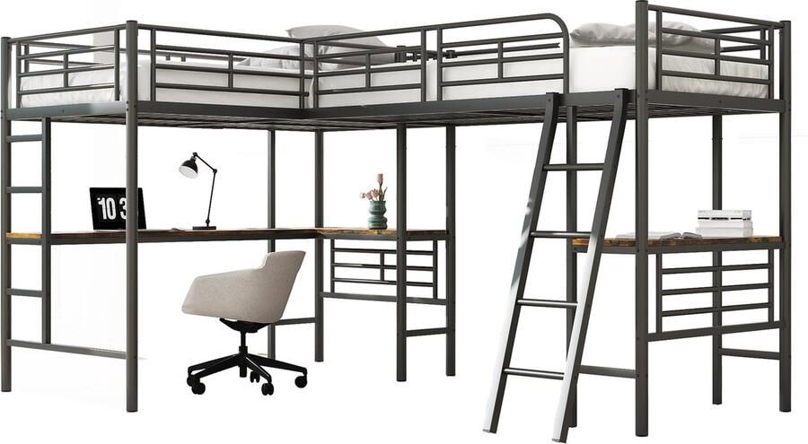 Merax Hoogslaper 90x200 cm met Bureau voor Twee Personen 2 Eenpersoonsbedden met Trap en Uitvalbeveiliging Zwart met Bruin