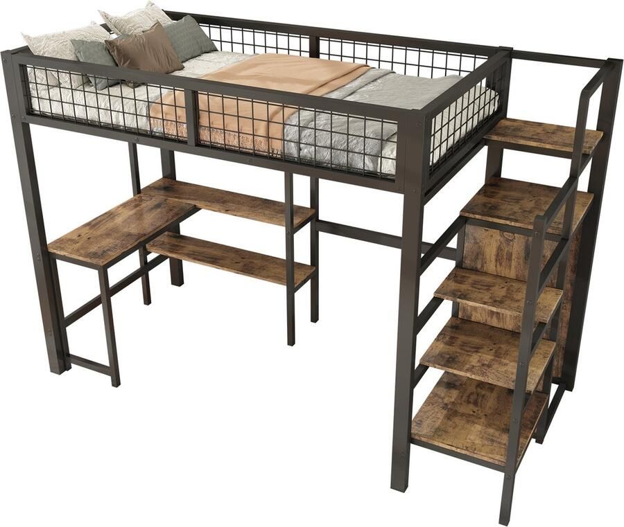 Merax Hoogslaper 90x200 cm met Bureau – Zwart Metalen Bed met Kledingkast en Opbergvakken – Eenpersoonsbed in Industrieel Design