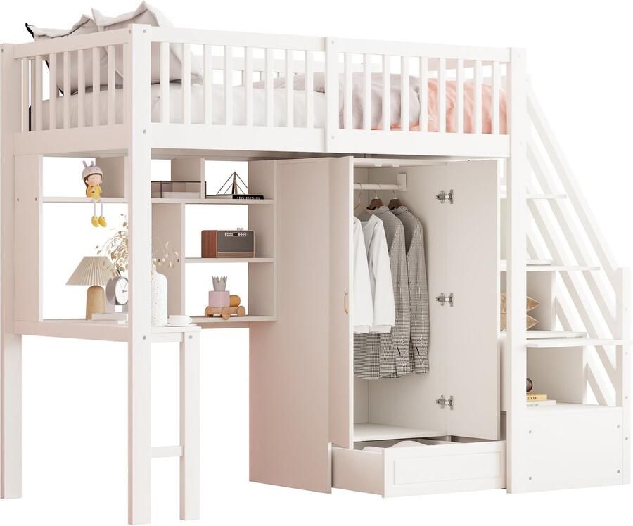 Merax Hoogslaper 90x200 cm met Grote Kast Bureau Trap met Opbergladen en Planken Wit Houten Bedframe