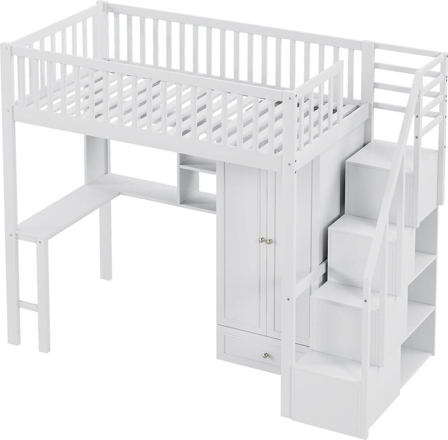 Merax Hoogslaper 90x200 cm met Grote Kledingkast Bureau en Opbergruimte – Multifunctioneel Bed in Wit Hout