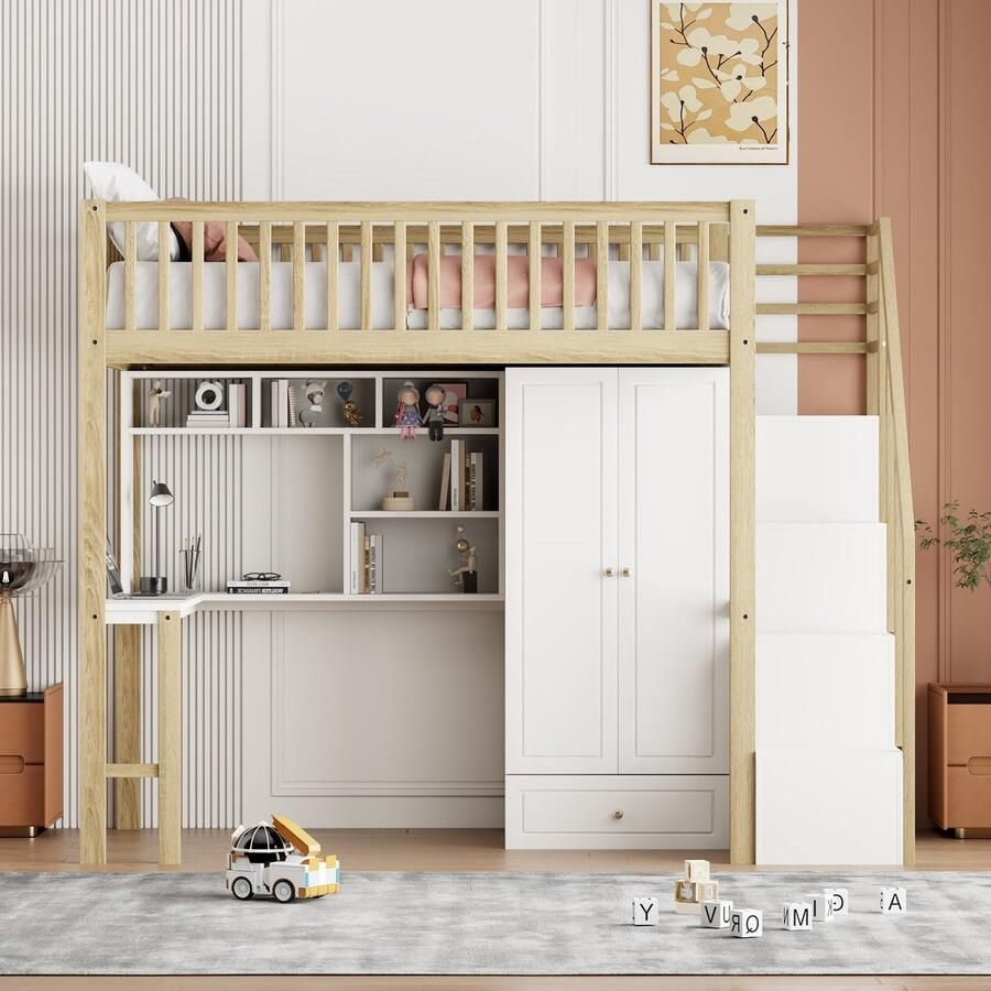 Merax Hoogslaper 90x200 cm met Grote Kledingkast en Bureau Bed met Uitvalbeveiliging en Trap met Lades Houten Bedframe Wit