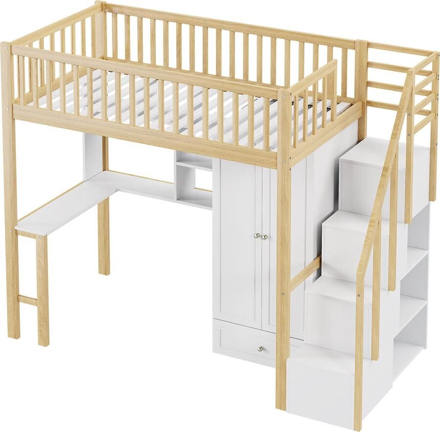 Merax Hoogslaper 90x200 cm met Kast Bureau Opbergrekken en Trap met Lades – Wit