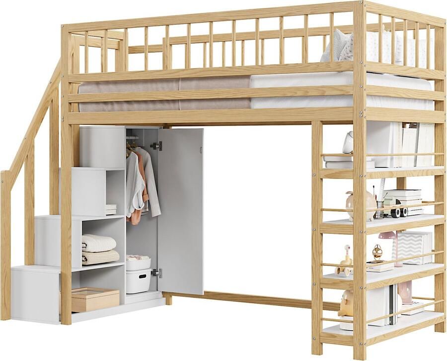 Merax Hoogslaper 90 x 200 cm Massief Houten Bed met Veiligheidsomheining Kast Planken en Opbergruimte met Veilige Ladder Houtkleur