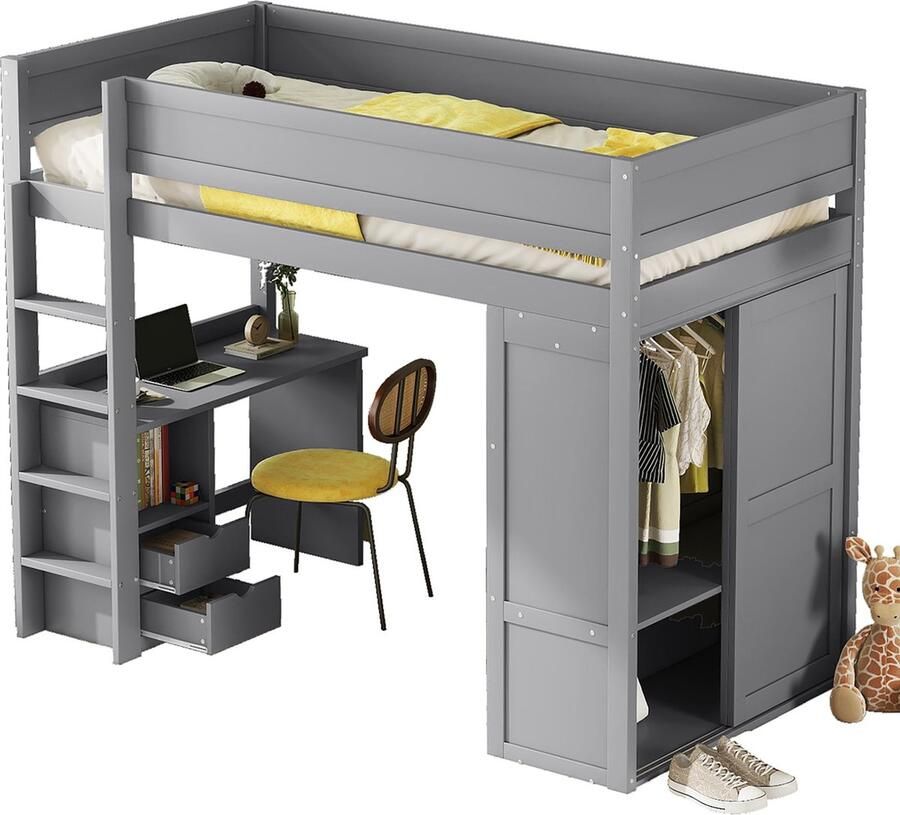 Merax Hoogslaper 90x200 cm met Kledingkast Kinderbed met Bureau en Opberglades Grijs