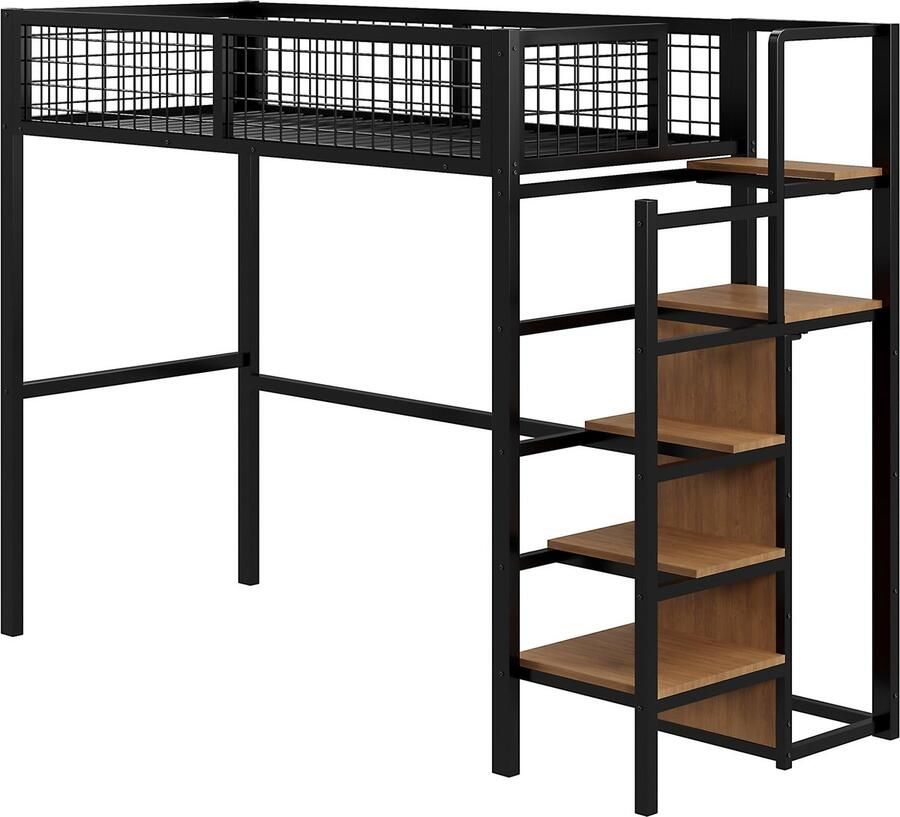 Merax Hoogslaper 90x200 cm met Ladder Kinderbed met Metalen Frame en Opbergrek Inclusief Kledingkast Zwart