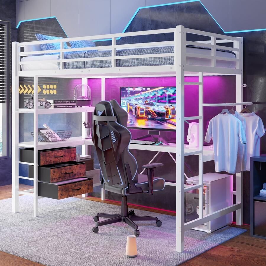 Merax Hoogslaper 90x200 cm met LED-verlichting bureau USB-aansluiting 3 laden planken leuning trap zonder matras wit