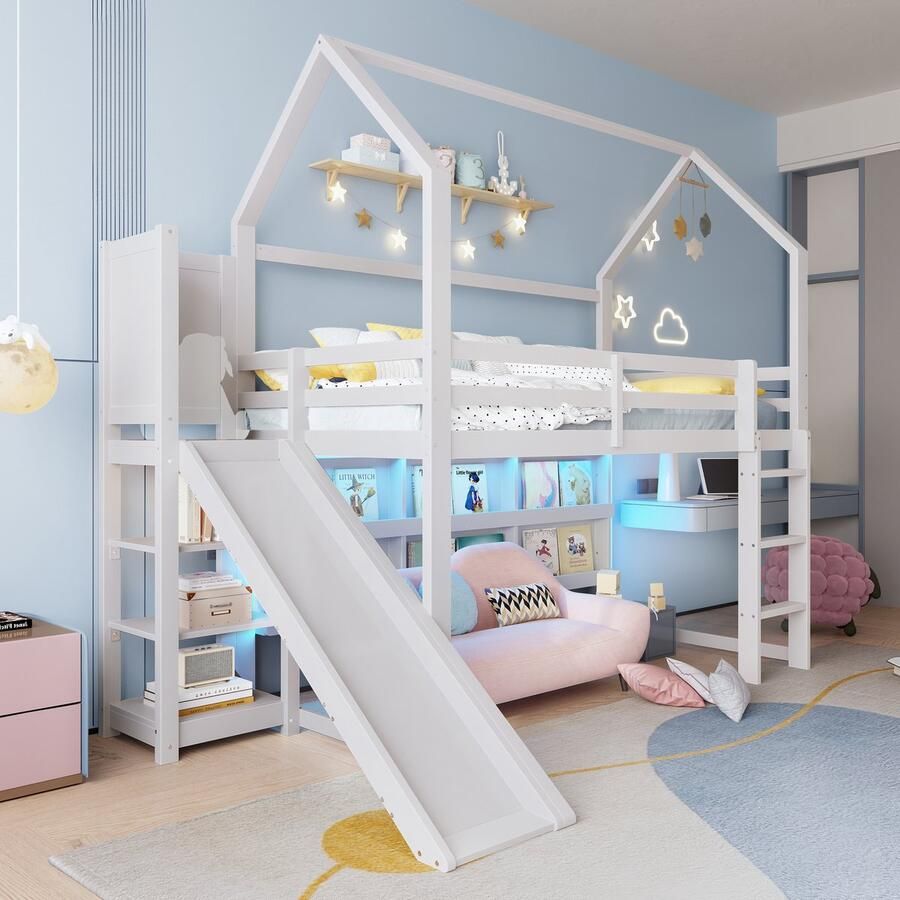 Merax Hoogslaper 90x200 cm met LED-verlichting in de vorm van een huis met plank met reling zonder matras wit