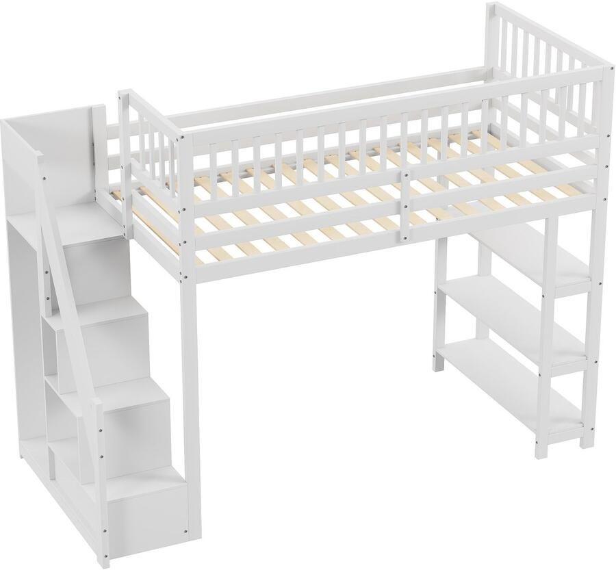 Merax Hoogslaper 90x200 cm met Opbergruimte en Veiligheidsladder Multifunctioneel Houten Eenpersoonsbed met Kast en Planken Wit