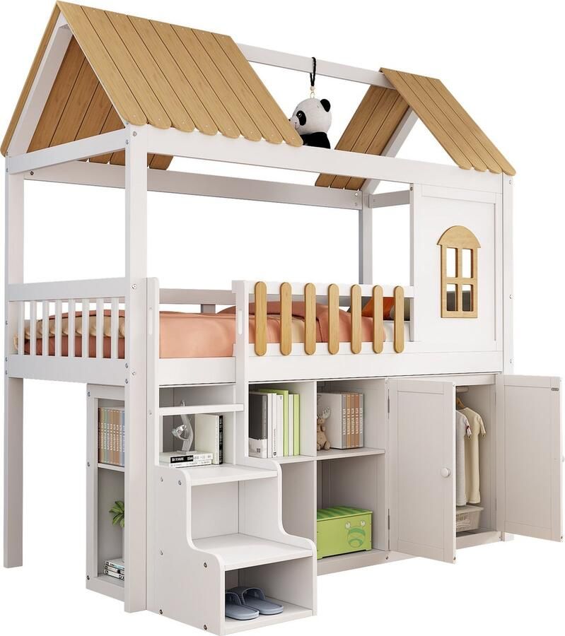 Merax Hoogslaper 90x200 cm met Opbergruimte in Huisvorm Houten Bed met Kledingkast en Raam Wit met Bruin