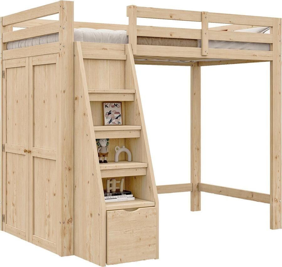Merax [ niet compleet] Hochbett 90*200cm Mit Stauraum-Sicherheits-Kletterleiter Mit Stauraum-Kleiderschrank Einzelbett Jugendbett Kinderbett Massivholzrahmen Original Holzfarbe - Foto 2