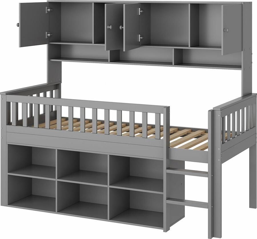 Merax Hoogslaper 90x200 cm met Opbergruimte Kinderbed met Veiligheidsladder en Opbergruimte Eenpersoonsbed Grijs