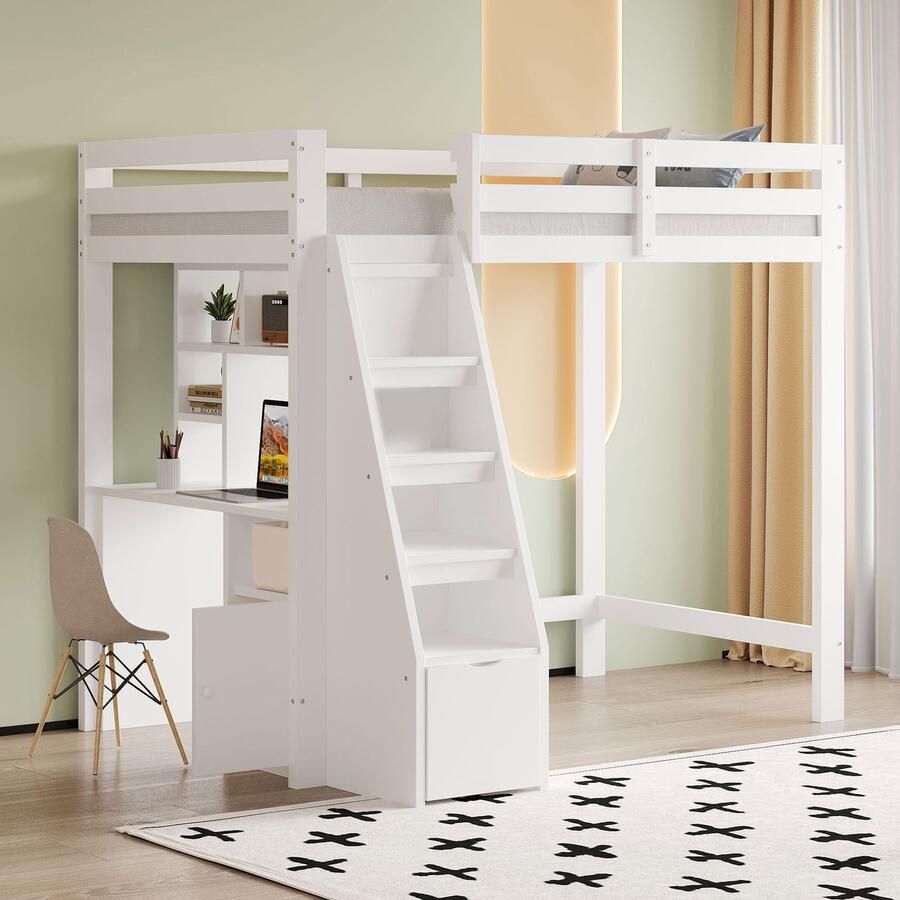 Merax Hoogslaper 90x200 cm met planken en kasten met opbergruimte met lades eenpersoonsbed kinderbed wit zonder matras